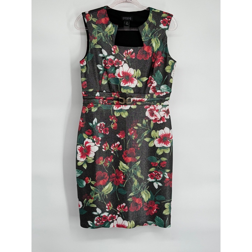 Enfocus Studio Sz 12 Black Floral Print Sleeveless Sheath Dress - Evening